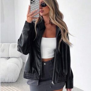 Women's Casual Black Zip-Up PU Loose Jacket Coat, Fall/Winter